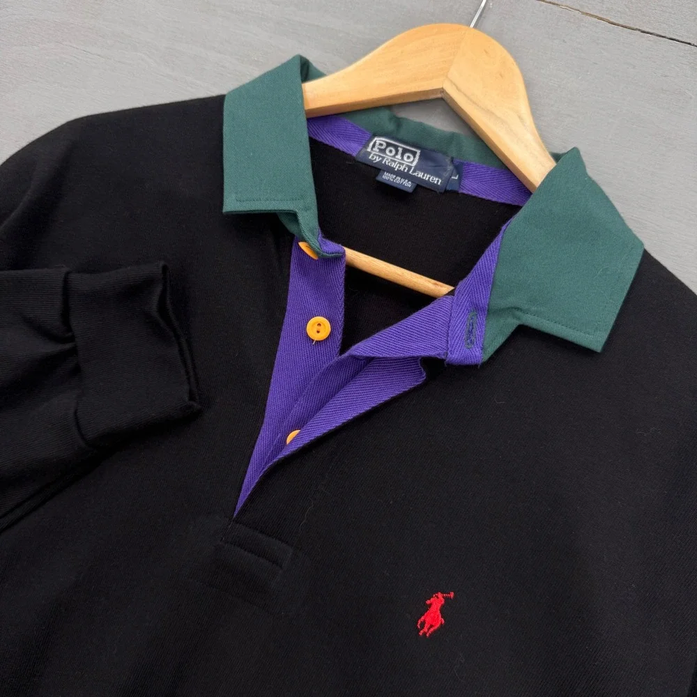 Polo Ralph Lauren Made in USA Rugby Shirt Black Colorblock Jasper Textiles Large